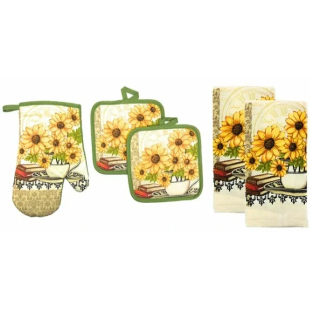 5pc Set: 2 Pot Holders, 1 Oven Mitt & 2 Same Towels, SUNFLOWERS & BOOKS,green,KC